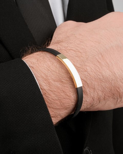 14 Ayar Altın Siyah Deri Erkek Bileklik