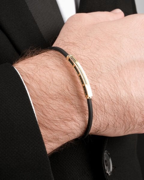 14 Ayar Altın Siyah Taş Detaylı Deri Erkek Bileklik