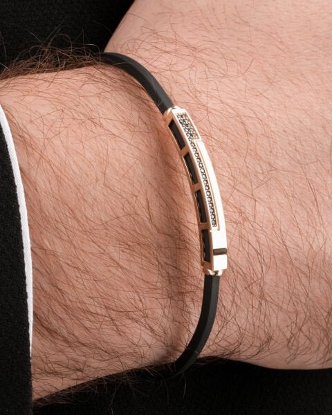 14 Ayar Altın Siyah Taş Detaylı Deri Erkek Bileklik