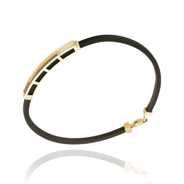 14 Ayar Altın Siyah Taş Detaylı Deri Erkek Bileklik