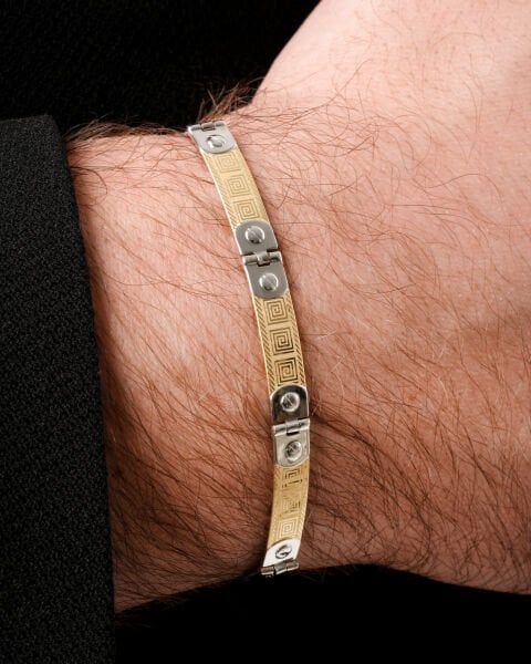 Beyaz ve Sarı Altın Detaylı Erkek Bileklik