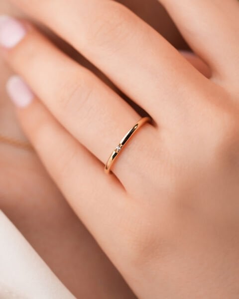 14 Ayar Altın Tek Taş Minimal Yüzük