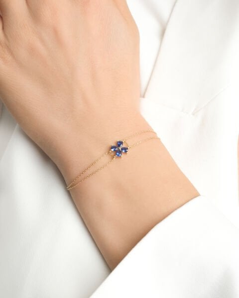 14 Ayar Altın Mavi Taşlı Çiçek Figürlü İkili Zincir Bileklik