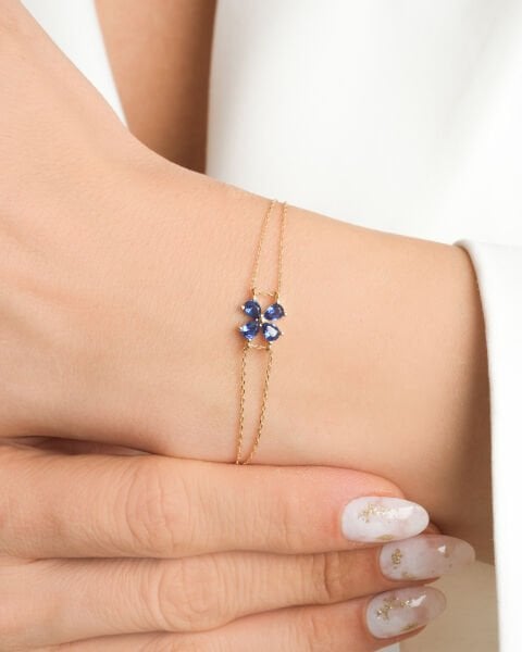 14 Ayar Altın Mavi Taşlı Çiçek Figürlü İkili Zincir Bileklik