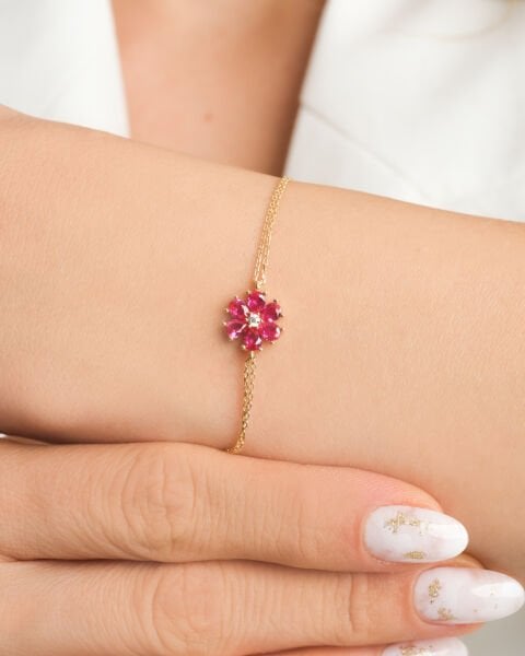 14 Ayar Altın Koyu Pembe Taşlı Çiçek Figürlü İkili Zincir Bileklik