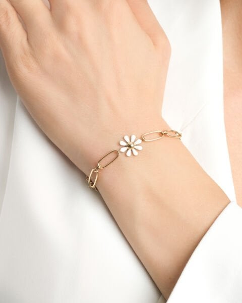 14 Ayar Altın Beyaz Mineli Papatya Figürlü Bileklik