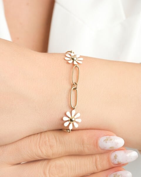 14 Ayar Altın Beyaz Mineli Papatya Figürlü Bileklik