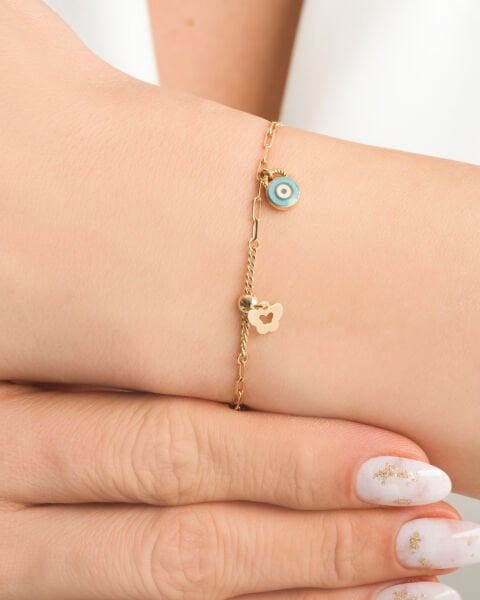 14 Ayar Altın Nazar Boncuğu ve Kelebek Figürlü Bileklik