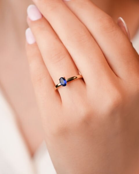 14 Ayar Altın Mavi Turmalin Oval Yüzük