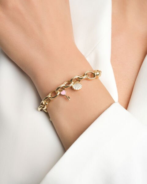 14 Ayar Altın Mineli Deniz Kabuğu ve Kalpli Anahtar Figürlü Bileklik