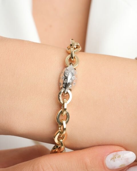 14 Ayar Altın Taşlı Çift Renk Tasarım Bileklik