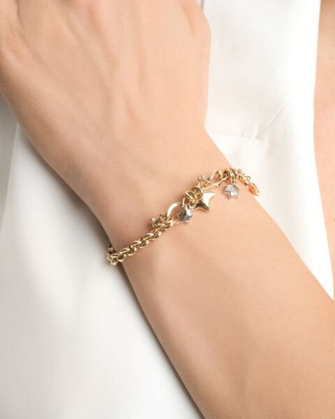 14 Ayar Üç Renk Altın Sallantılı Yıldız Figürlü Bileklik