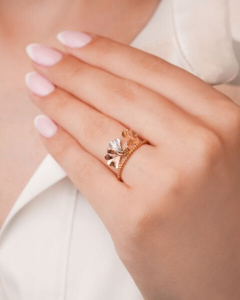 Üç Renk Ginkgo Yaprak Yüzük 14 Ayar Altın