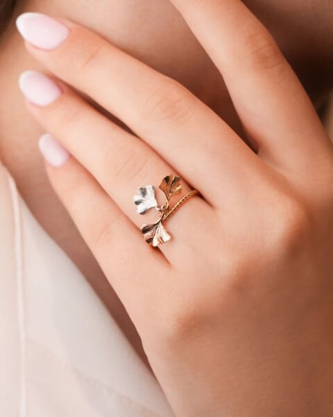 Üç Renk Ginkgo Yaprak Yüzük 14 Ayar Altın