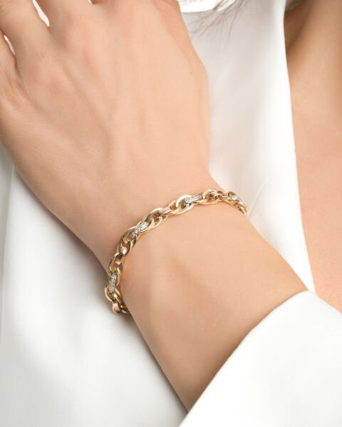 14 Ayar Altın  Üç Renkli Taşlı Burgu Bileklik