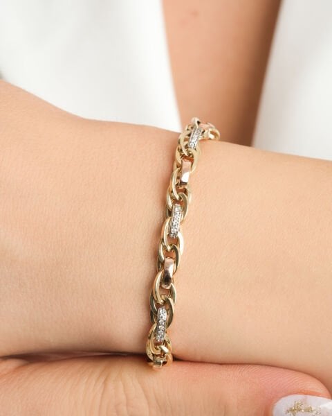 14 Ayar Altın  Üç Renkli Taşlı Burgu Bileklik