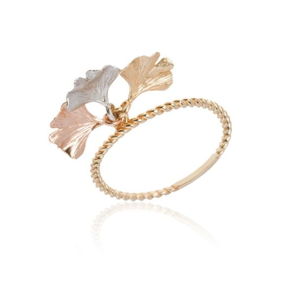 Üç Renk Ginkgo Yaprak Yüzük 14 Ayar Altın