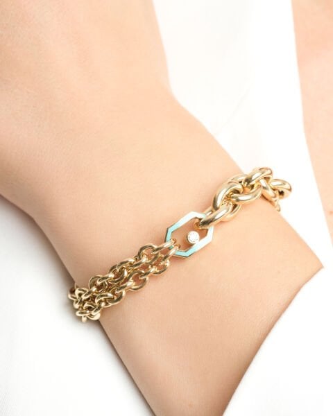 EMA 14 Ayar Altın Mavi Mineli Çift Zincirli Bileklik