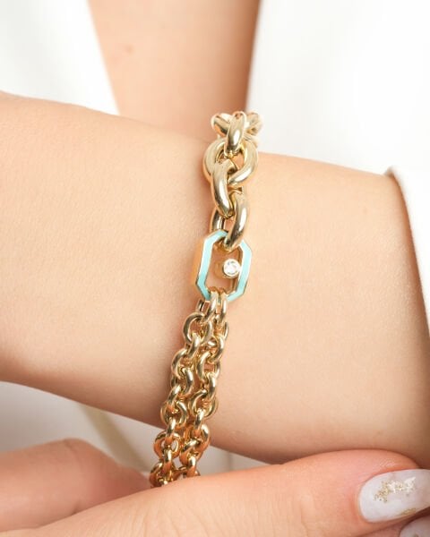 EMA 14 Ayar Mavi Mineli Çift Zincirli Altın Bileklik