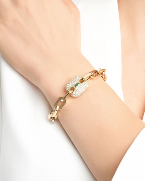 EMA 14 Ayar Taşlı Kare Figürlü Zümrüt Ataç Zincir Altın Bileklik