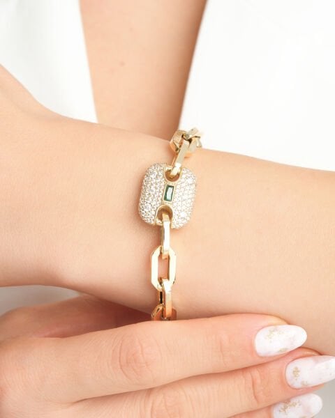 Ema 14 Ayar Altın Zümrüt Taşlı Tasarım Bileklik