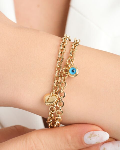 14 Ayar Altın Cetaş Eterna Çift Sıra Nazar Boncuklu Bileklik