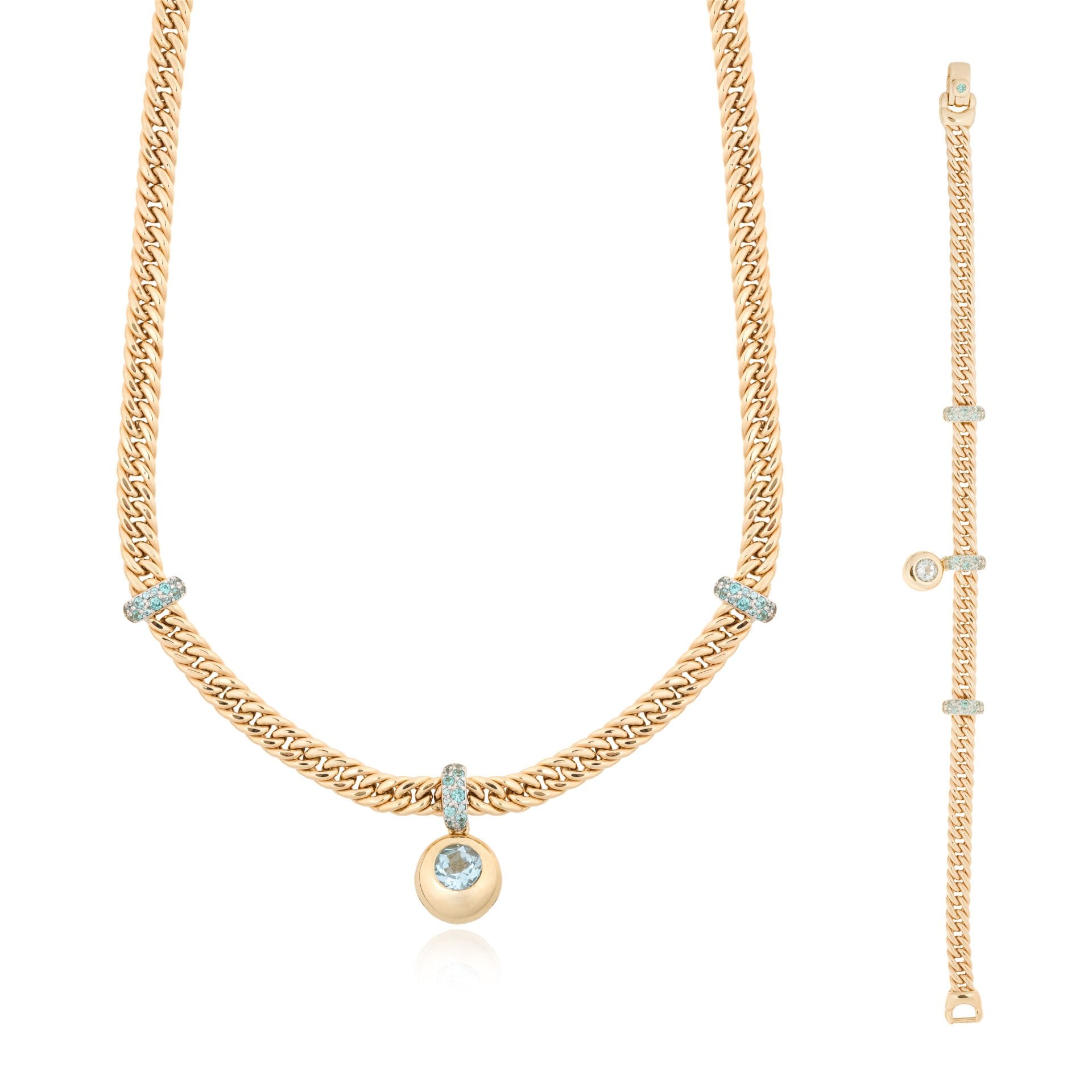 14 Ayar Altın Cetaş  Aquamarine Taşlı Set (Kolye-Bileklik)
