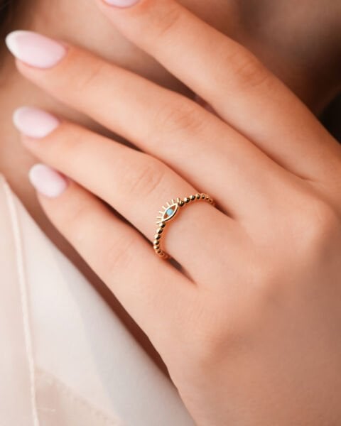 14 Ayar Altın Firuze Taşlı Göz Figürlü Yüzük