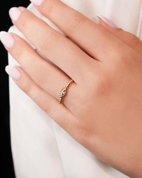 Firuze Taşlı Göz Figürlü 14 Ayar Altın Yüzük