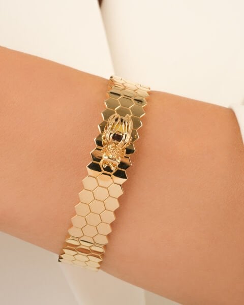 14 Ayar Altın Kabartma Arı Figürlü Petek Desenli Kelepçe Bilezik