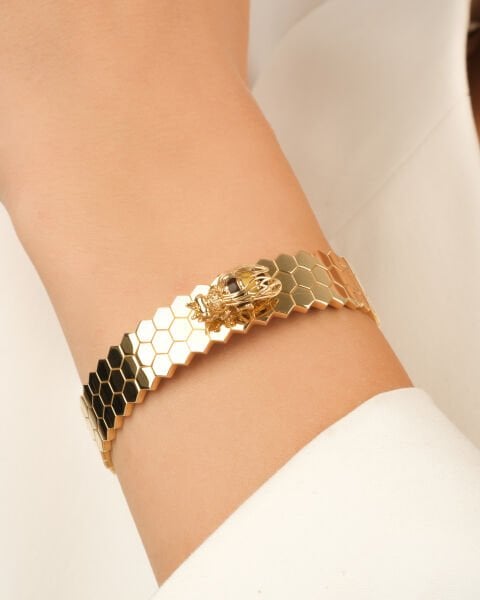 14 Ayar Altın Kabartma Arı Figürlü Petek Desenli Kelepçe Bilezik