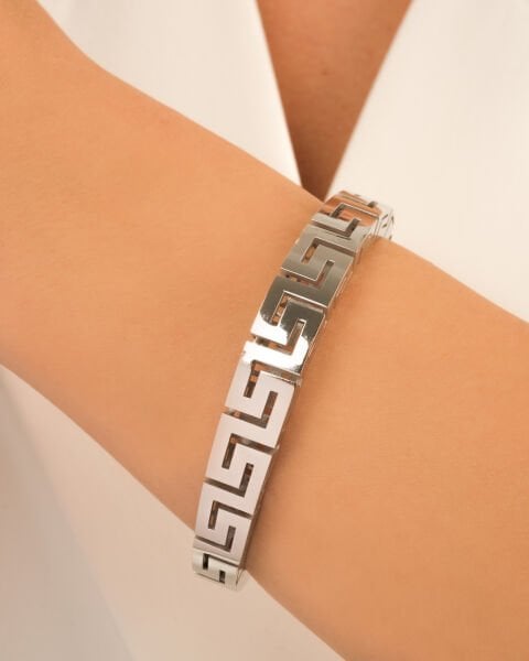 14 Ayar Beyaz Altın Yunan Motifli Kelepçe Bilezik