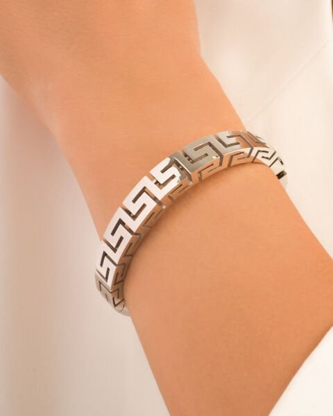 14 Ayar Beyaz Altın Yunan Motifli Kelepçe Bilezik