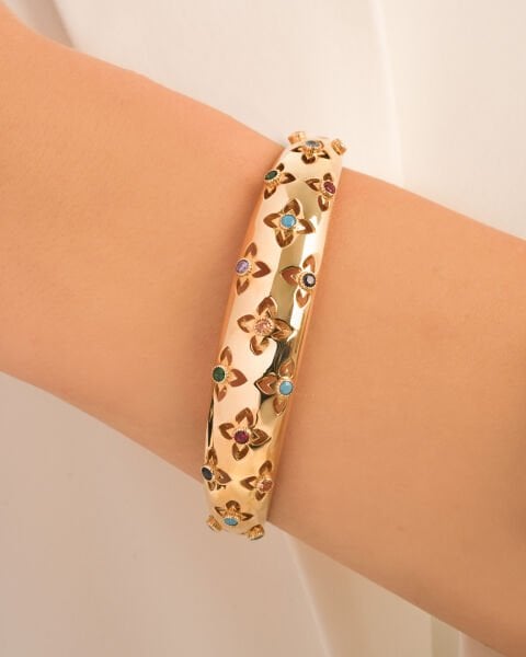 14 Ayar Altın Doğal Taşlı Çiçek Kelepçe