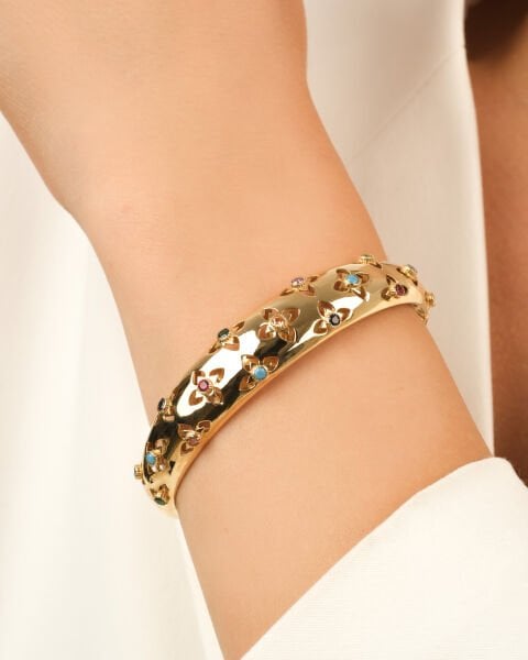 14 Ayar Altın Doğal Taşlı Çiçek Kelepçe