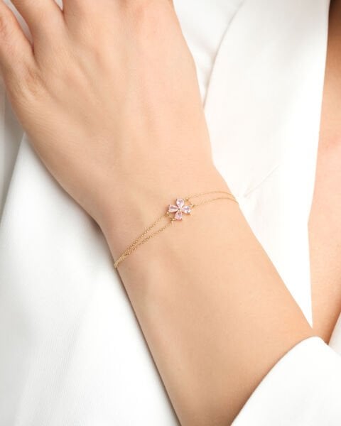 14 Ayar Altın Pembe Kuvars Çiçek Figürlü Bileklik