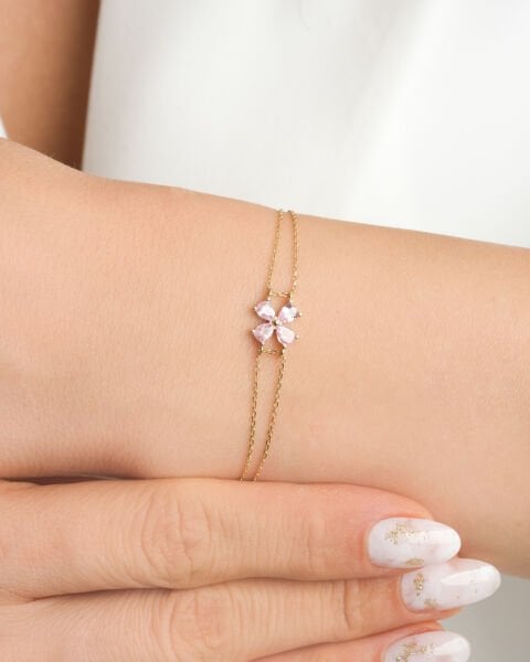 14 Ayar Altın Toz Pembe Taşlı Çiçek Figürlü İkili Zincir Bileklik