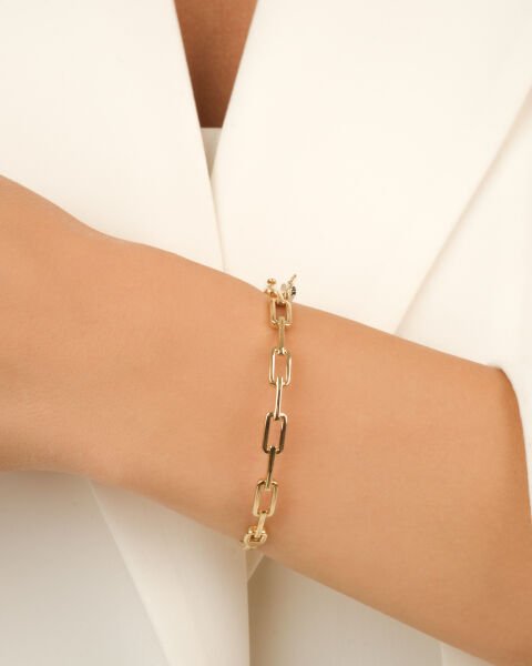 14 Ayar Altın Dikdörtgen Halkalı İnce Bilezik