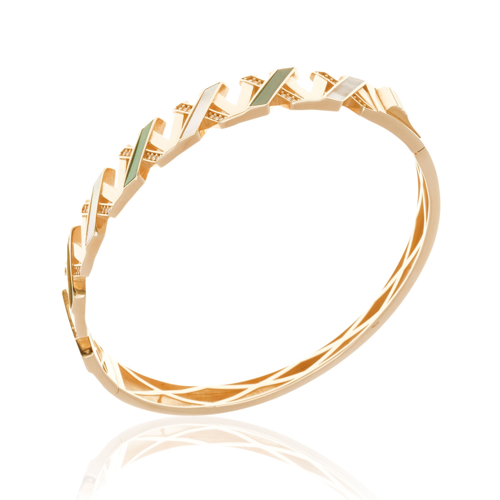 Yeşil ve Beyaz Mineli Geometrik Desenli 14 Ayar Altın Bilezik
