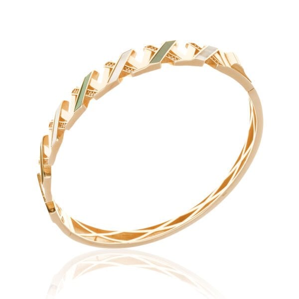 Yeşil ve Beyaz Mineli Geometrik Desenli 14 Ayar Altın Bilezik