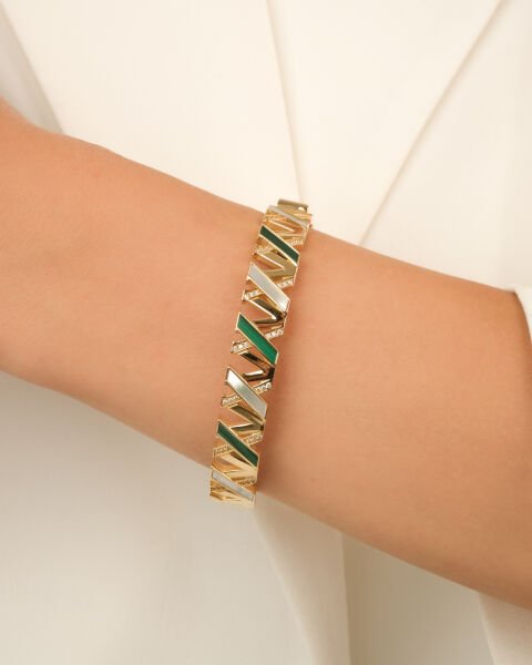 Yeşil ve Beyaz Mineli Geometrik Desenli 14 Ayar Altın Bilezik