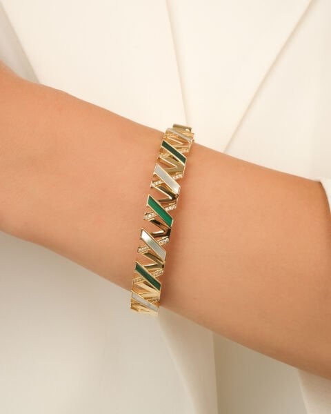 14 Ayar Altın Yeşil Mineli Tasarım Kelepçe