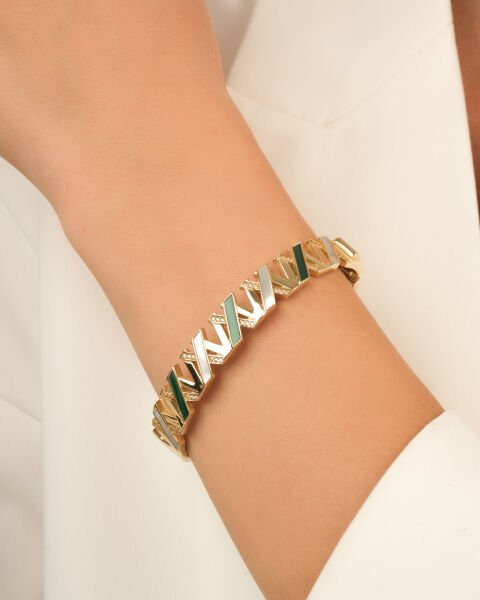 Yeşil ve Beyaz Mineli Geometrik Desenli 14 Ayar Altın Bilezik