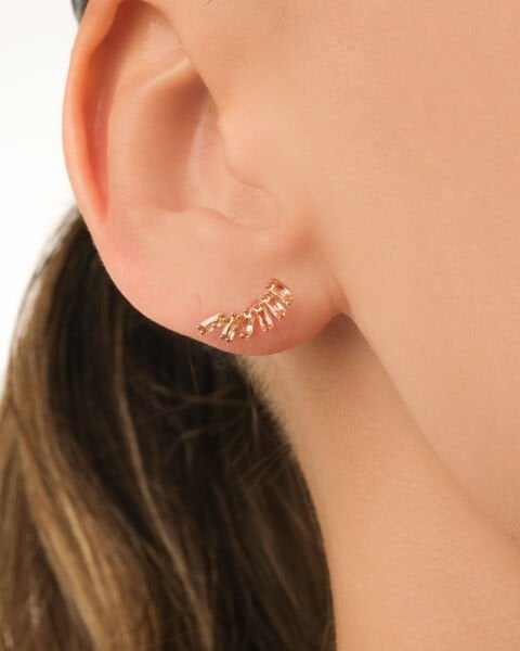 Şampanya Baget Taşlı 14 Ayar Altın Küpe