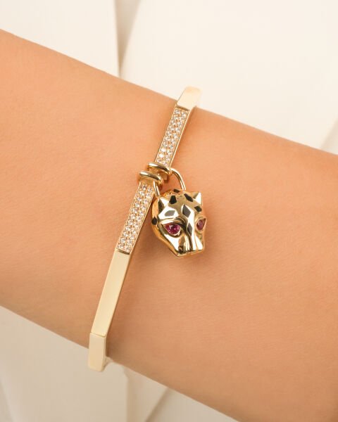 Cetaş Bir Dilek Tut Koleksiyonu Leopar Figürlü  14 Ayar Altın Kelepçe