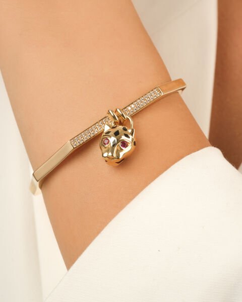 Cetaş Bir Dilek Tut Koleksiyonu Leopar Figürlü  14 Ayar Altın Kelepçe