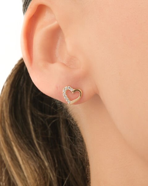 14 Ayar Altın Taşlı Kalp Küpe  Minimal Tasarım