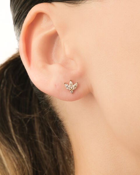 14 Ayar Altın Taşlı Yaşam Çiçeği Küpe Minimal Tasarım