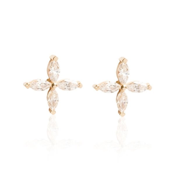 14 Ayar Altın Yonca Formlu Taşlı Küpe Minimal Tasarım