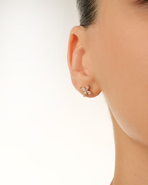 14 Ayar Altın Yonca Formlu Taşlı Küpe Minimal Tasarım